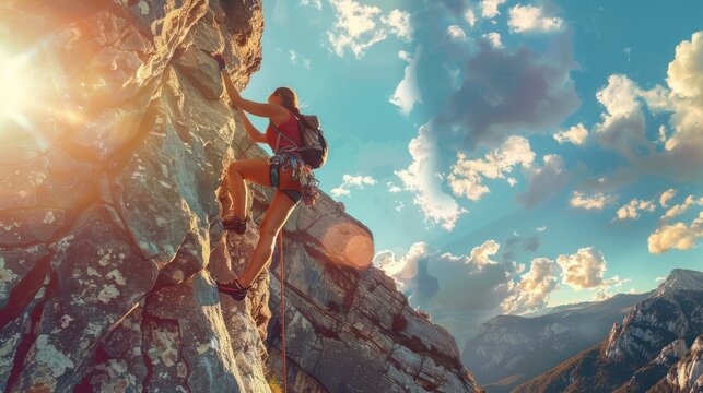grimpeuse, femme qui escalade une montagne en devers, photo &Atilde;&nbsp; contre jour, pop art, color&Atilde;&copy;