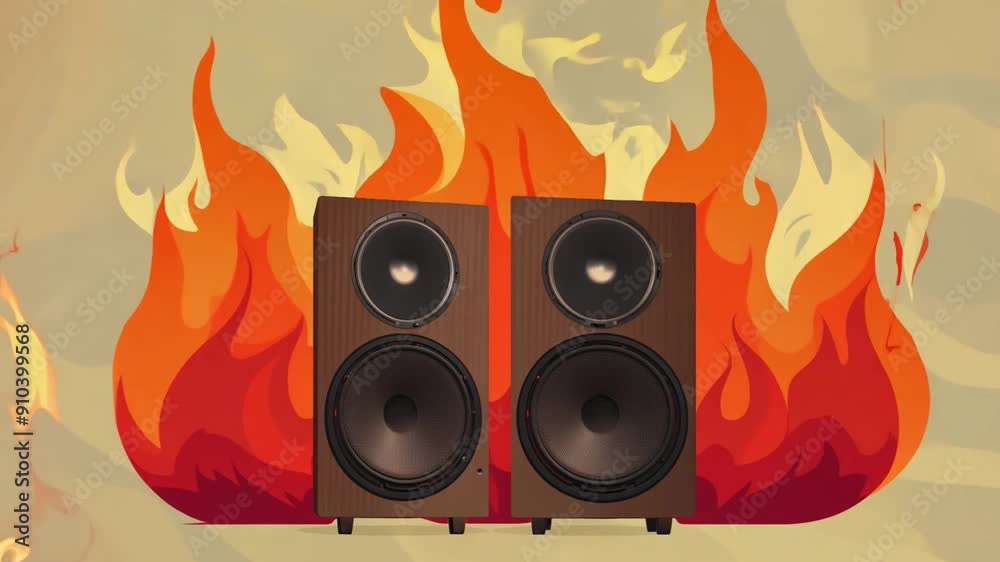 Poster an artistic depiction featuring wooden speakers enveloped by vibrant flames, showcasing a dynamic in