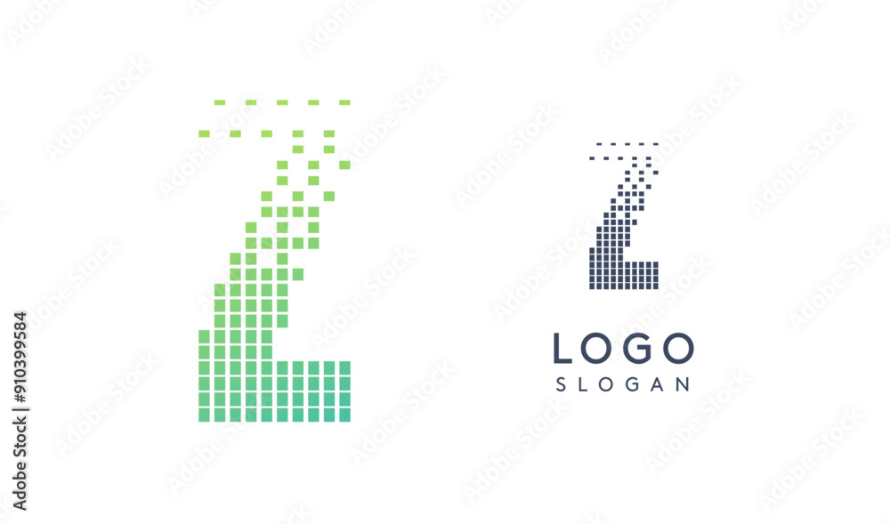 Aufkleber Pixelated Letter Z transitioning into scattered pixels with gradient colors creating modern, digital effect like equalizer. Abstract logo for tech software and digital media. Vector illustration.