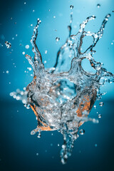 A close up shot of water splashing with the sun shining in the background. Dynamic scene of water splashes, brilliantly illuminated by sunlight, highlighting the serenity and power of water in motion.