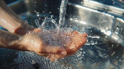 Hygienic Hand Washing Under Running Water at Home Kitchen Sink