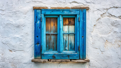 Fototapeta premium A beautiful blue wooden window with worn textures and rustic charm is mounted on a crisp white wall, creating a cozy and inviting atmosphere.