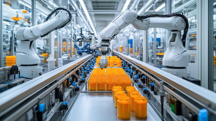 Automated Robotic Arms Assembling Products in a Modern Factory