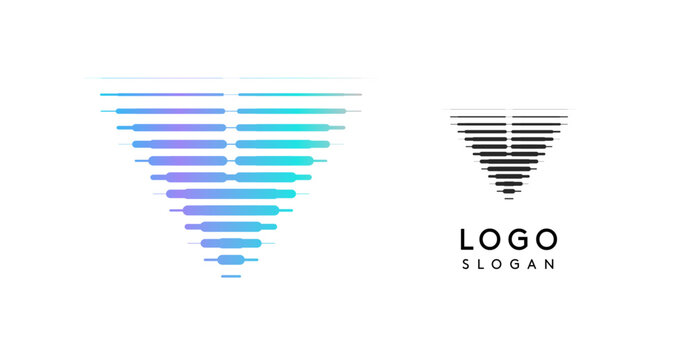 Abstract wide letter V, logo with horizontal gradient lines, dynamic gradient logotype for tech companies, software development, and innovative brands. Vector illustration.