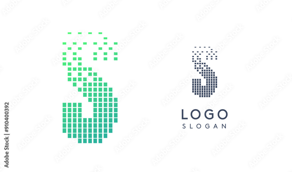 Poster Pixelated Letter S transitioning into scattered pixels with gradient colors creating modern, digital effect like equalizer. Abstract logo for tech software and digital media. Vector illustration.