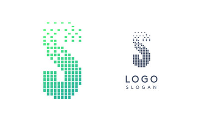 Pixelated Letter S transitioning into scattered pixels with gradient colors creating modern, digital effect like equalizer. Abstract logo for tech software and digital media. Vector illustration.