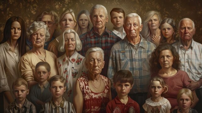 Large family reunion with multiple generations posing for a photo.