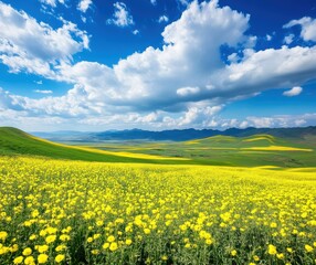 Obraz premium endless yellow wildflowers cover the green grass on Mount Lushan, with a blue sky and white clouds in the distance