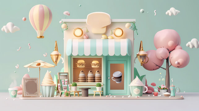 coffee shop, digital marketplace expansion, 3D illustration, online retail concept