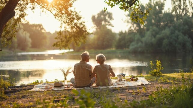 An elderly couple enjoys a tranquil picnic by the river during a golden sunset, surrounded by nature