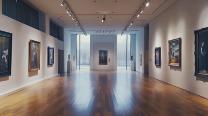 museum room with art exhibitions featuring paintings on display