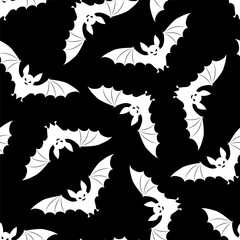 Seamless pattern with white bats on a black background. Halloween Pattern