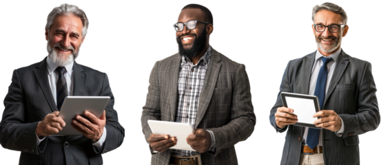 Pack of Smiling businessman with tablet set isolated on transparent