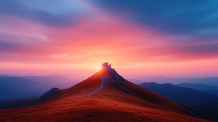 A breathtaking sunset over a mountain peak, with vibrant colors illuminating the sky, creating a stunning landscape view.