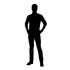 vector silhouette of a man dressed in a shirt and jeans standing with hands on hips, side view