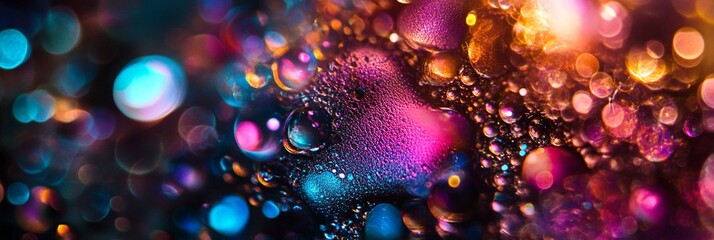 Abstract dark neon colored bubbles and liquids texture pattern, close up oil water beverage natural texture and motion stream background, metallic luster vivid purple pink golden colors wallpaper.