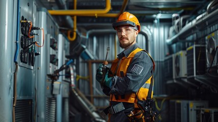 Portrait of a Skilled Industrial Air Conditioning Mechanic, Wearing Safety Gear, Holding Tools, and Standing in a Large, Well-Equipped Workshop with Various HVAC Units