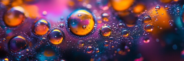 Abstract dark neon colored bubbles and liquids texture pattern, close up oil water beverage natural texture and motion stream background, metallic luster vivid purple pink golden colors wallpaper.