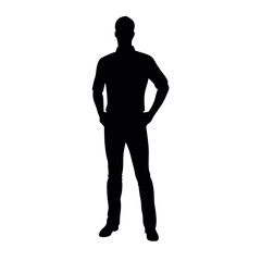 vector silhouette of a man dressed in a shirt and jeans standing with hands on hips, side view