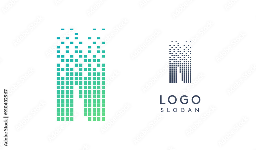 Aufkleber Pixelated Letter N transitioning into scattered pixels with gradient colors creating modern, digital effect like equalizer. Abstract logo for tech software and digital media. Vector illustration.