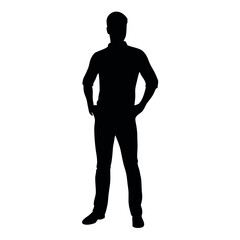 vector silhouette of a man dressed in a shirt and jeans standing with hands on hips, side view