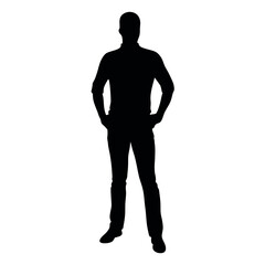 vector silhouette of a man dressed in a shirt and jeans standing with hands on hips, side view