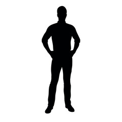 vector silhouette of a man dressed in a shirt and jeans standing with hands on hips, side view