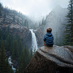 person in the mountains Boy standing on a rock and watching water fall 