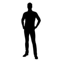 vector silhouette of a man dressed in a shirt and jeans standing with hands on hips, side view