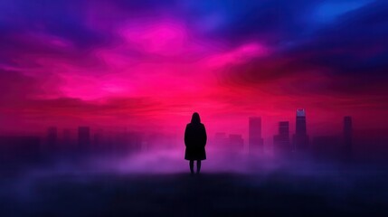 Fototapeta premium A silhouette of a person against a dramatic sunset with vibrant colors illuminating a city skyline in the background.