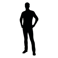 Fototapeta premium vector silhouette of a man dressed in a shirt and jeans standing with hands on hips, side view