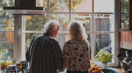 Rear view at middle aged loving couple preparing breakfast together in the kitchen standing at big window, caring mature husband helping senior wife to cook morning meal, old people at home lifestyle