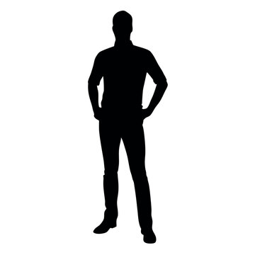 recommend clip art: vector silhouette of a man dressed in a shirt and jeans standing with hands on hips, side view