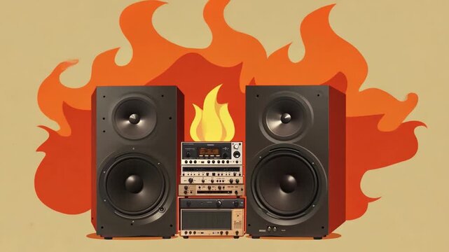 Two large speakers and vintage audio equipment are prominently displayed against a backdrop of flames, creating a striking visual contrast.