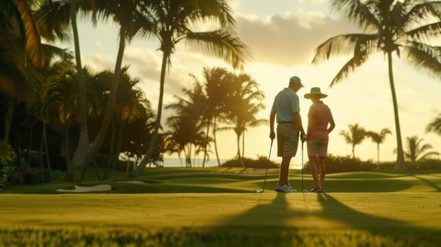 A couple practices their golfing skills together as the sun sets over a lush tropical landscape