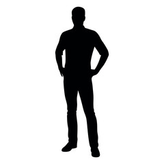 vector silhouette of a man dressed in a shirt and jeans standing with hands on hips, side view