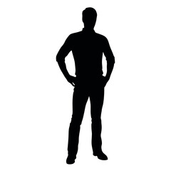 vector silhouette of a man dressed in a shirt and jeans standing with hands on hips, side view