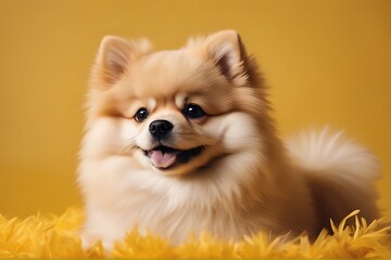 cute free puppy yellow smiling lying spitz bright background portraite text fluffy space pomeranian trendy dog little pet animal white isolated brown small portrait breed canino cat fur domestic