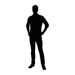 vector silhouette of a man dressed in a shirt and jeans standing with hands on hips, side view