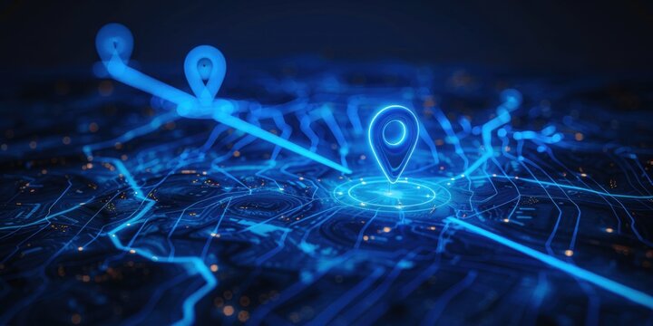blue glowing location pins on a map with one pin highlighted and connected lines forming a path from one point to another, on a dark background Generative AI