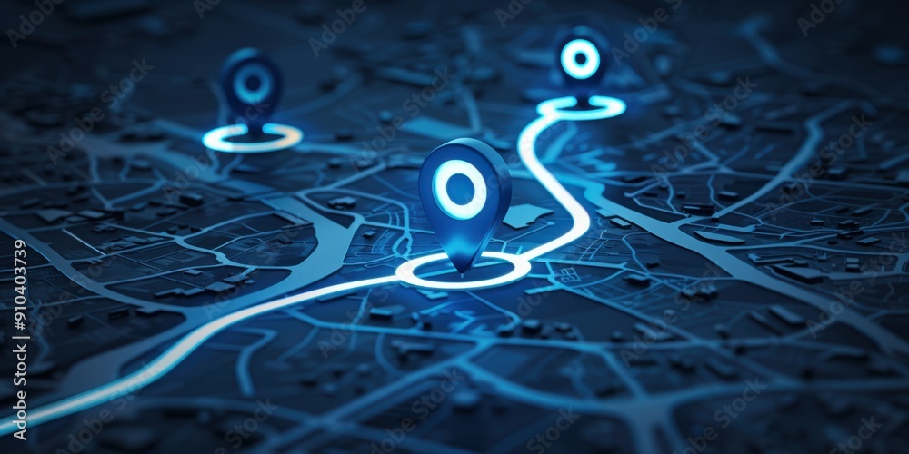 Poster blue glowing location pins on map with dynamic path lines connecting them against dark background ge