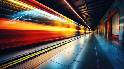 generated illustration of fast express passenger train, futuristic conceptual technology on high speed railway.