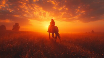 Fototapeta premium A tranquil scene capturing the silhouette of a woman riding a horse through a blooming field at sunset, with vibrant orange and yellow skies creating an idyllic backdrop.
