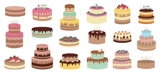 A big set of cakes. A collection of hand-drawn desserts. Vector illustration