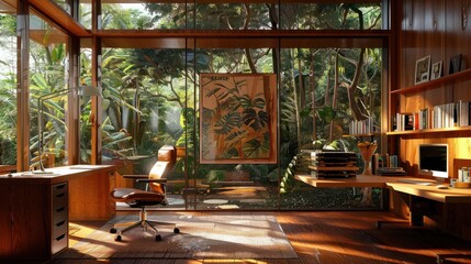 Um escritÃ³rio caseiro sereno e produtivo com vista para a natureza e integrando bemestar fÃ­sico e profissional