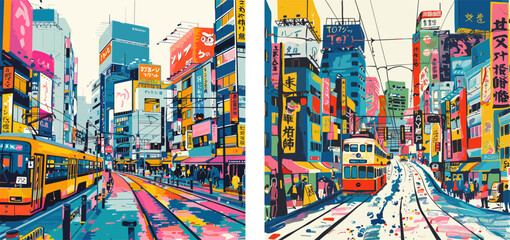 Obraz premium Japan metropolitan cityscape cartoon vector ideas. City streetcar signs neon illuminated signage high rises avenues structures skyline lively skyscraper center contemporary vibrant drawings