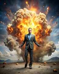 Man Running Away From Massive Explosion in Open Field During Daylight. Generative AI