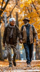 Fototapeta premium Two men stroll hand in hand through a vibrant autumn landscape filled with orange and yellow leaves