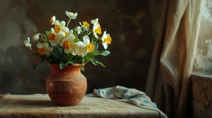 Flowers from the field in a clay vase. Spring motif. AI generative.