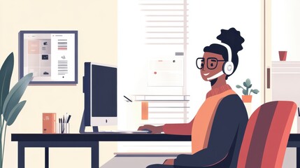 An employee on a video call from a home office setup.